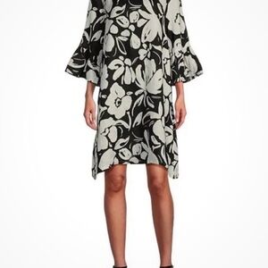 bryn Walker Black White  Floral Linen Dress L/XL